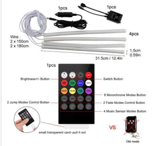 KEEN 4pcs 12v Flexible Rubber Car RGB Interior Atmoshere Light Bar Remote Control Auto Neno Decorative Ambient Strip Light