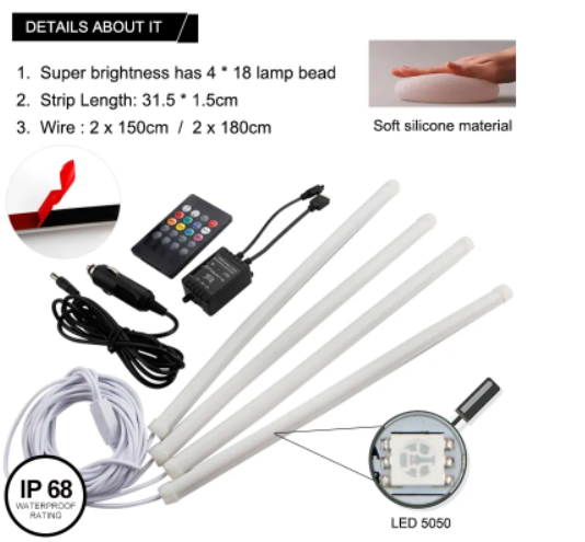 KEEN 4pcs 12v Flexible Rubber Car RGB Interior Atmoshere Light Bar Remote Control Auto Neno Decorative Ambient Strip Light