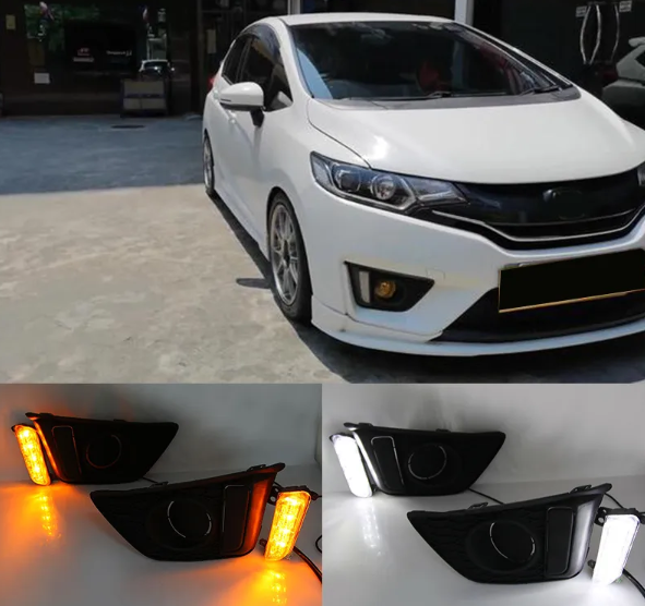 KEEN 12V Auto DRL for Honda Fit Jazz 2014-2016 White and Amber Daytime Running Light Fog Lamp Cover led with Turning Signal