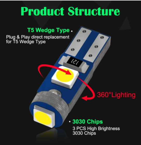 KEEN 12V T5 Led Bulb 3SMD 3030 Chips Car Dashboard Instrument Panel Lamp Warming Indicator Wedge Interior Light