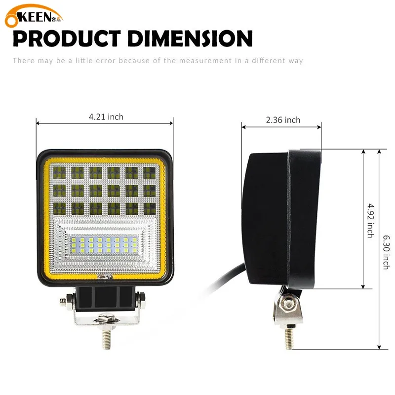   KEEN 42W Square Work Light LED Flood Spot Light with Amber Angle Eye Offroad Trailer Trucks Driving Fog Light 12V 24V