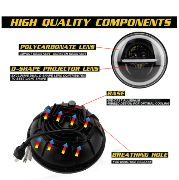 KEEN 7'' Round Angel Eye Led Headlamp for Motorcycle Harley Offroad 4X4 Jeep 7 inch Hi/lo Beam Headlight DRL with Turn Signal