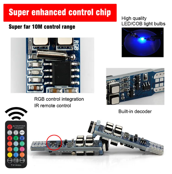   KEEN DC9-14V RF Remote Control Car Light RGB T10 LED Bulb COB 10smd W5W Canbus Clearance Lamp Inerior Atmosphere Light Bulb