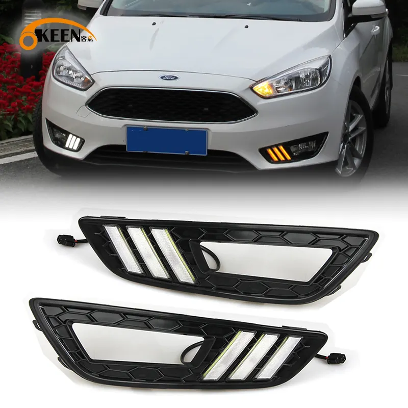 KEEN Car LED DRL for Ford Focus 2015-2018 Daytime Running Lamp with Turn Signal Fog Lamp Cover Light Auto Headlight
