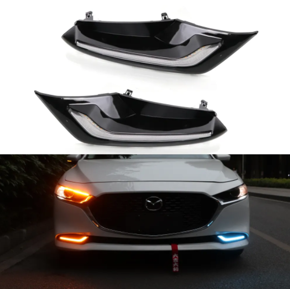 KEEN New For Mazda 3 Axela 2019 2020 LED Car DRL Dynamic Turn Yellow Signal Fog Lamp Cover LED Daytime Running Lights headlight