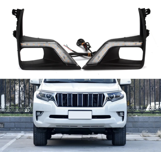 KEEN 12V Car LED DRL for 2018 Toyota Prado Daytime Running Light white and amber turn signal Fog Lamp cover
