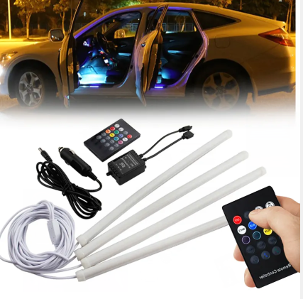 KEEN 4pcs 12v Flexible Rubber Car RGB Interior Atmoshere Light Bar Remote Control Auto Neno Decorative Ambient Strip Light